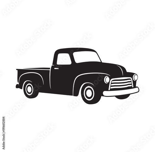 black and white illustration of old pickup truck with white outlines