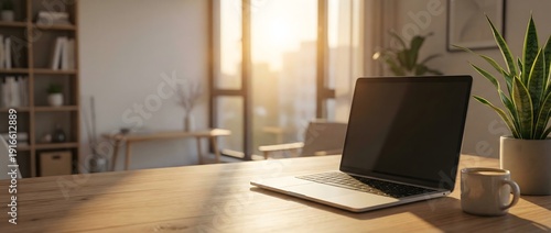Wallpaper Mural Modern Home Office Workspace with Laptop, Coffee, and Indoor Plant Bathed in Warm Sunlight Torontodigital.ca