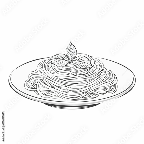 Continuous spaghetti on a plate Line Art Vector Transparent Background Edit Stroke.