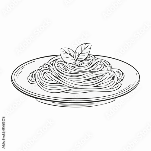 Continuous spaghetti on a plate Line Art Vector Transparent Background Edit Stroke.