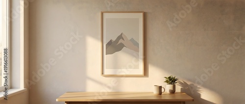 Minimalist Interior with Geometric Mountain Art Framed on Wall and Natural Light Streaming In