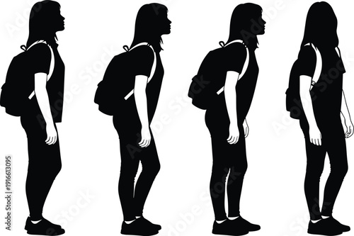 Backpack posture silhouette illustration set, four black icons side view upright slouched leaning comparison ergonomic design, vector artwork, lifestyle and educational theme, isolated background