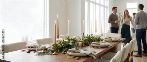 Elegant Dining Table Set for a Social Gathering with Friends and Soft Candlelight in Modern Interior