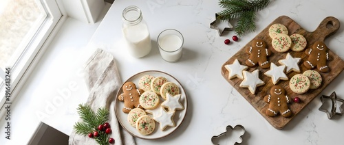 Festive Assortment of Homemade Cookies and Fresh Milk on a Marble Kitchen Countertop