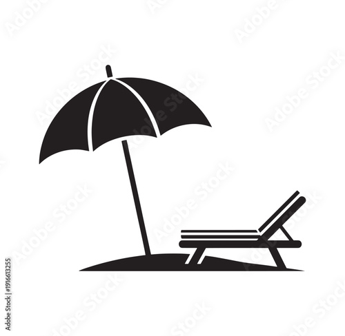 black beach umbrella and sun lounger on sand