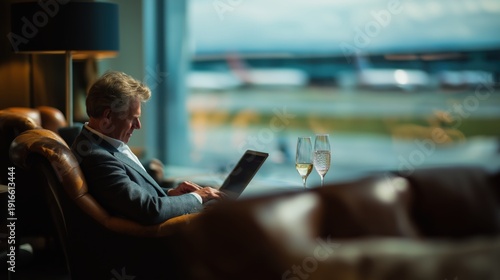 Executive working on laptop in premium airport lounge, runway visible through windows