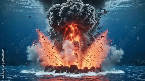 Underwater Volcanic Eruption with Explosions and Debris.