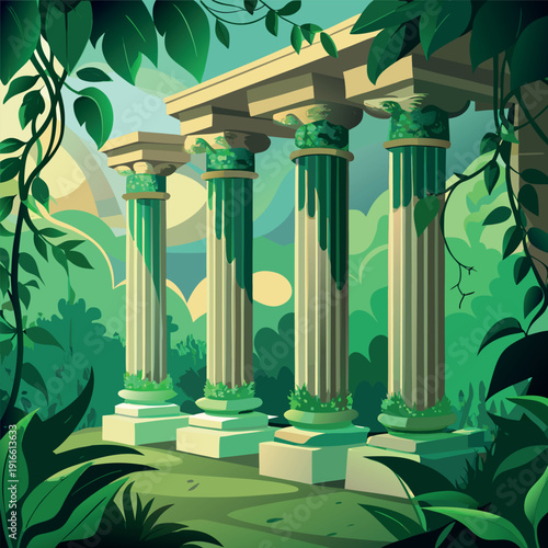 Ancient stone pillars ruins covered with green vines in a lush forest