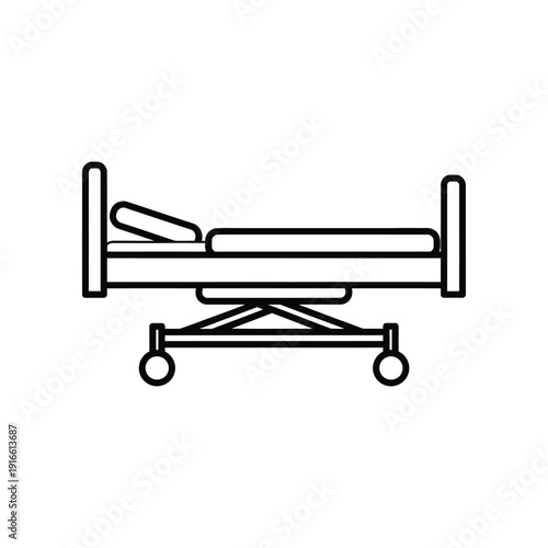 Simple line drawing of a hospital bed with wheels and mattress