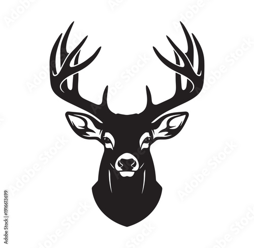 black silhouette of a buck deer head with large antlers on white background