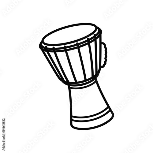 A traditional djembe drum with a cylindrical body and rope details around the base