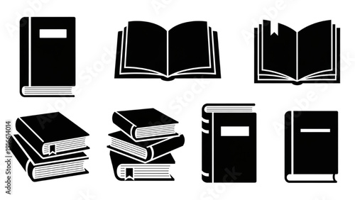 Collection of books and notebooks in various orientations and stacks presented in a graphic illustration