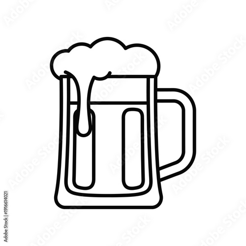 A stylized illustration of a frothy mug of beer with a handle on the right side.