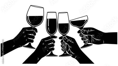 Four hands holding wine glasses in a toast together