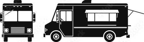 Food truck silhouette illustration set, two black icons front side perspective serving window awning design, vector artwork, business and lifestyle theme, isolated background
