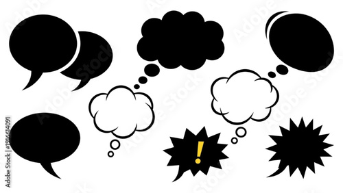 Collection of black and white speech bubbles and thought clouds with exclamation mark illustration