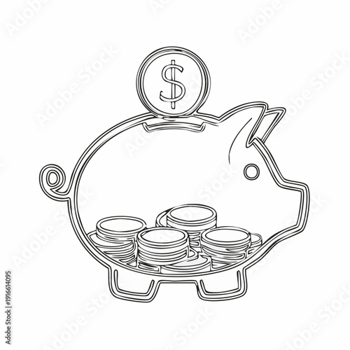 Continuous single line, financial illustration, piggy bank with coins inside. with transparent background editable stroke.
