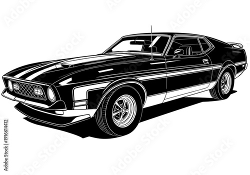 black and white vector illustration of a vintage 1970s muscle car