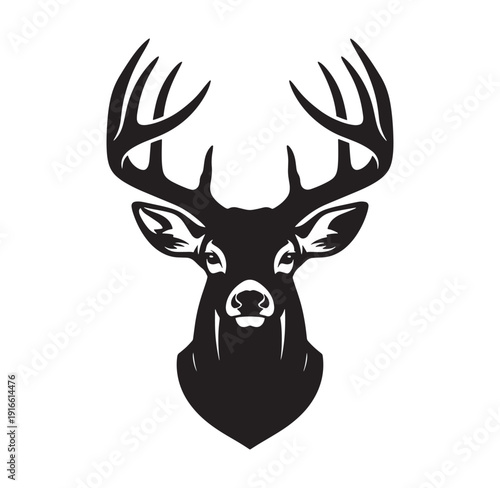 black silhouette of a deer head with large antlers on white background