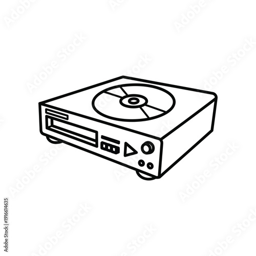 Vintage cd player with disc tray open and controls visible in a simple line drawing