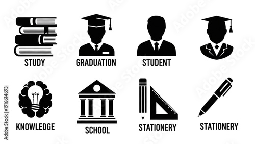 Educational Icons Representing Study and Graduation in a Modern Flat Design Style
