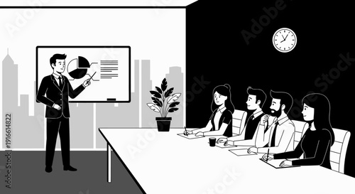 Business Executive Presenting Data to Team in a Corporate Meeting Room in bright studio