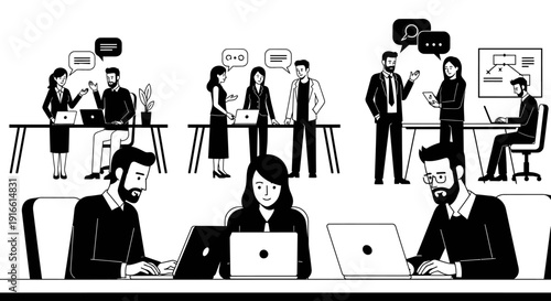 Diverse Business Professionals Collaborating and Working in Modern Open Office Environment in bright studio