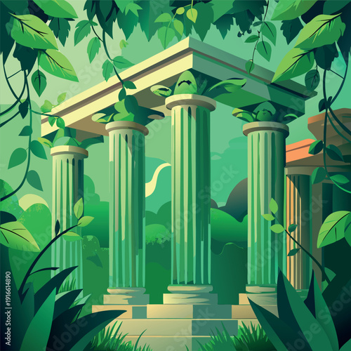Ancient stone pillars ruins covered with green vines in a lush forest