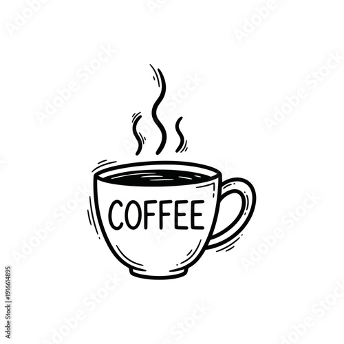 Hand-drawn coffee cup with steam and word COFFEE