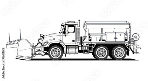 Snow Plow Truck with Salt Spreader - Line Drawing Illustration