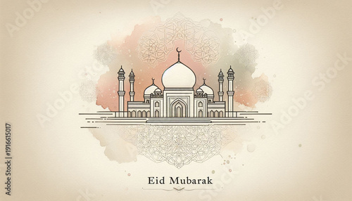 Minimalist Mosque Silhouette Line Art with Pastel Watercolor Islamic Festival Background