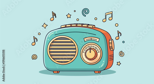 Retro teal radio with music notes and stars on light blue background