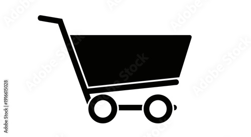 Black Shopping Cart Icon with Wheels on Isolated White Background