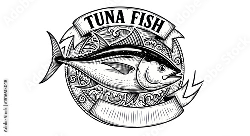 Vintage Tuna Fish Emblem with Banner - Hand Drawn Illustration