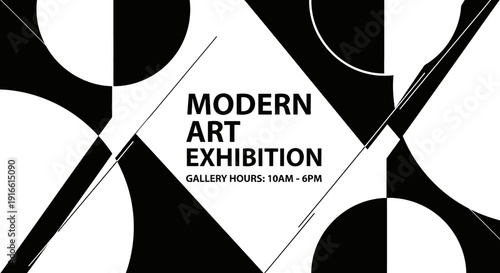 Modern Art Exhibition poster template with abstract geometric black and white background, gallery event announcement.