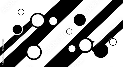 Abstract Geometric Pattern with Black Diagonal Stripes and White Circles on bright background.