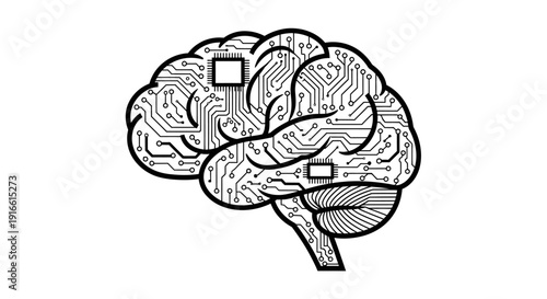 Human Brain as Circuit Board with Microchips Representing Digital Intelligence on Isolated White Background