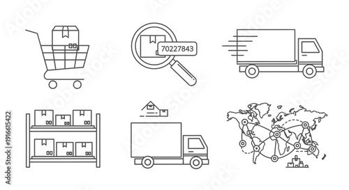 E-commerce and Global Logistics Line Icons Set on Isolated White Background, Online Shopping and Delivery Services Symbols