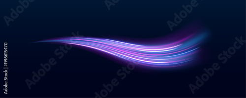 Bright neon spiral trails flow elegantly across dark canvas. Subtle spark highlights add depth and motion. Ideal abstract motion vector .
