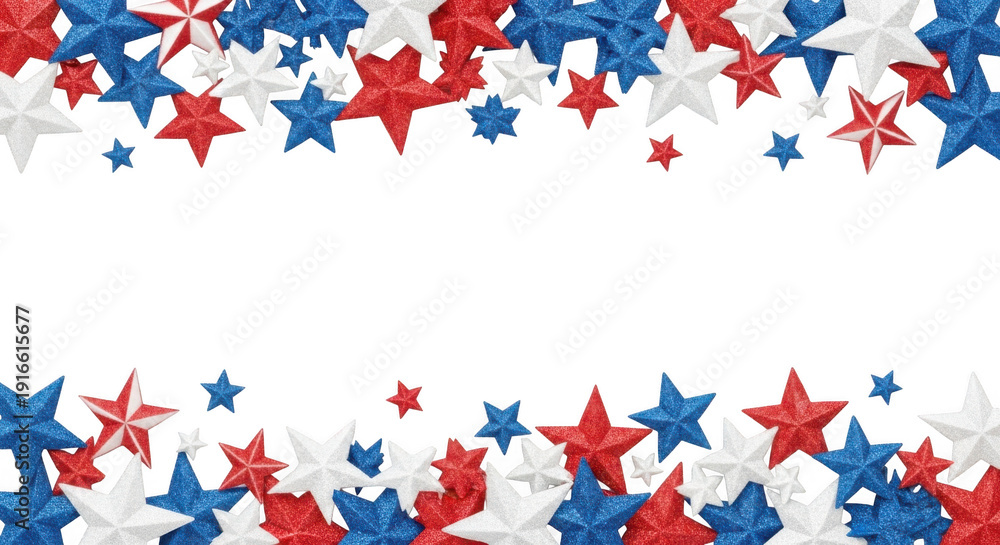 Fototapeta premium Red, White, and Blue Glitter Stars Frame on White Space for Patriotic Celebrations