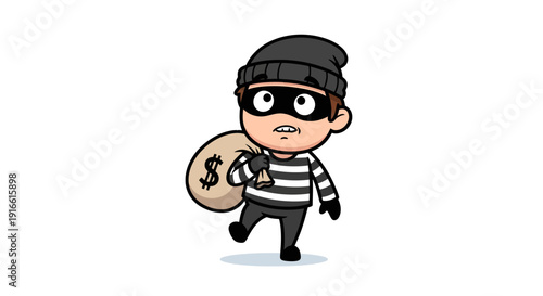 Cartoonish burglar character with loot sack exhibiting a guilty expression on isolated background