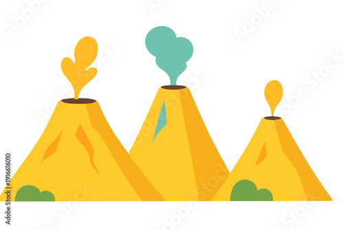 Three stylized yellow volcanoes erupting with lava and smoke on a white background