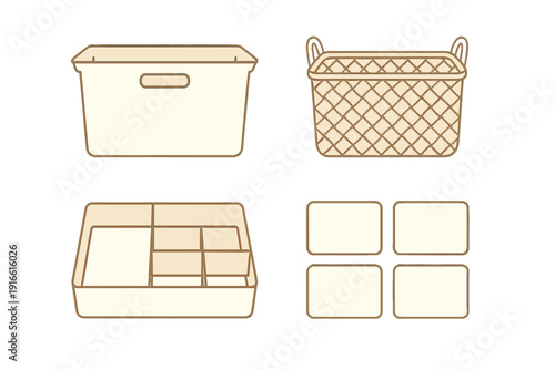 Home organization storage containers set including plastic bins and woven baskets