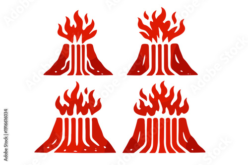 A set of four stylized red volcano eruption symbols isolated on a white background, representing natural disaster warnings and geological