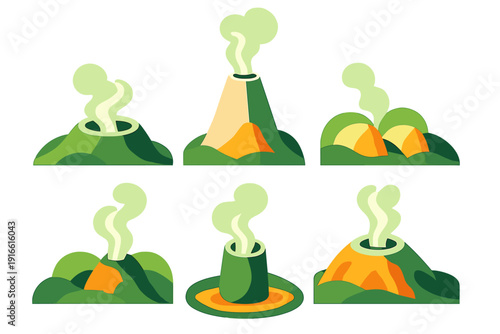 Stylized volcanic mountains and geothermal vents emitting smoke on green hills