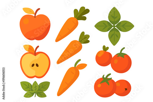 Fresh organic produce including apples carrots tomatoes and green leaves on white background