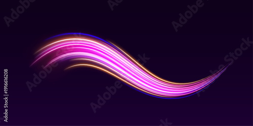 Curved neon arcs streak rapidly across dark canvas. Glimmering particles add magical energy. Ideal abstract motion vector.
