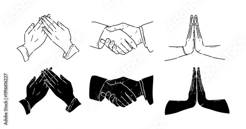 set of Shaking hands Together as a gesture of apology, forgiveness, respect, and reconciliation on line art and sihouette style. Suitable for religious or sosial themes.