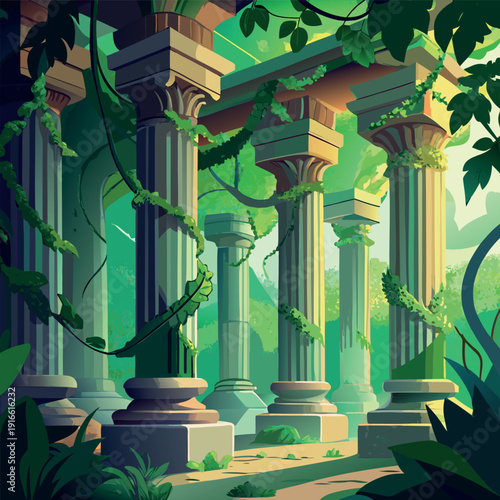 Ancient stone pillars ruins covered with green vines in a lush forest