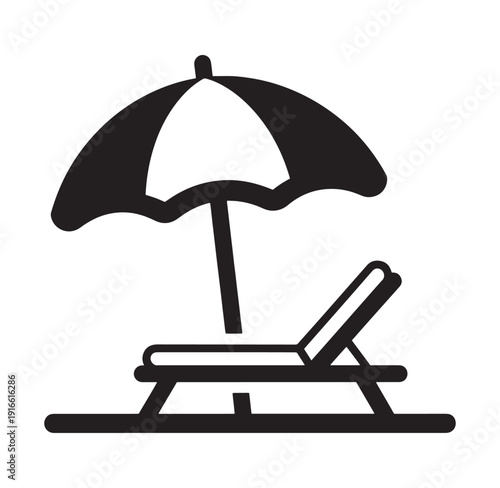 Black silhouette of beach chair with umbrella on sandy shore  relaxation and leisure concept